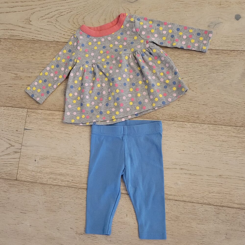 NORDSTRIM BABY girl 2 piece blue pant with gray pink yellow polka dot 3 mo